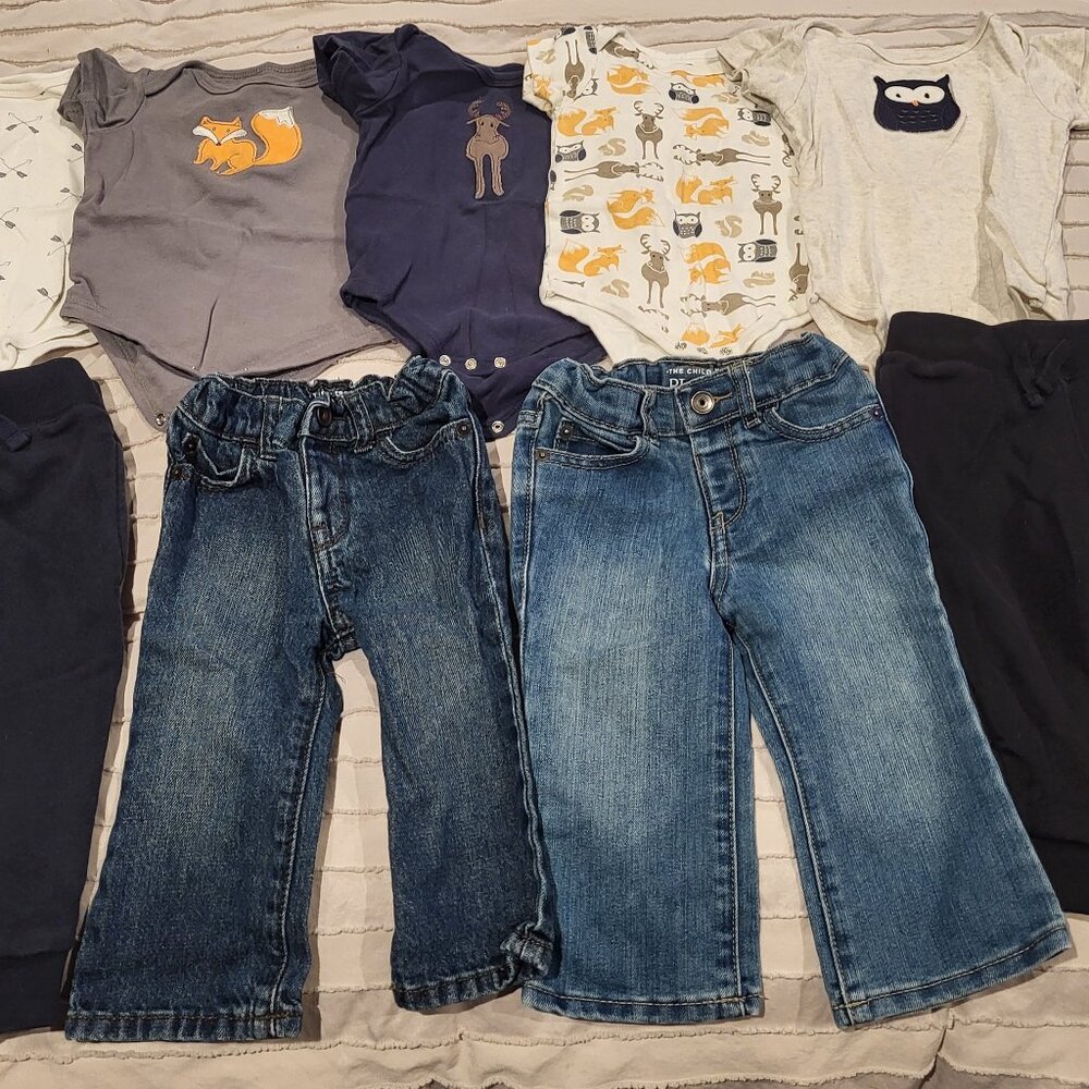 9-12 Month Baby Boy Bundle Short Sleeve Woodland Animals Pants Jeans - Picture 3 of 4